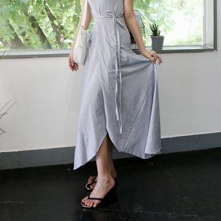 Set: Halter Striped Top + Wrap-front Long Skirt