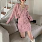 Set: Spaghetti Strap Knit Dress + Cardigan Pink - One Size