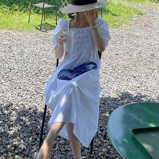Puff-sleeve Square-neck Shirred A-line Dress