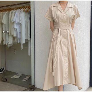 Short-sleeve Plain A-line Midi Dress Khaki - One Size