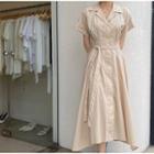Short-sleeve Plain A-line Midi Dress Khaki - One Size