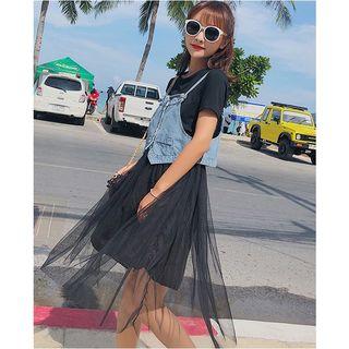Set: Mesh Panel T-shirt Dress + Spaghetti Strap Denim Top