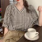 Puff-sleeve V-neck Plaid Top