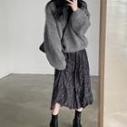 Turtleneck Sweater / Flower Print Midi A-line Skirt