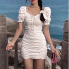 Puff-sleeve Shirred Mini Bodycon Dress White - One Size