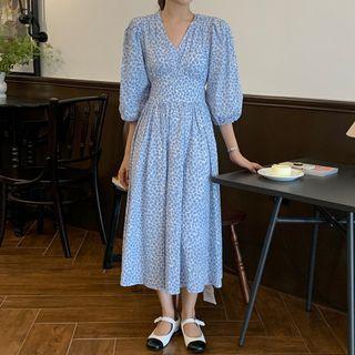 Puff-sleeve Floral Print Open-back Midi A-line Dress Light Blue - One Size