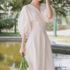 Puff Sleeve V-neck A-line Midi Dress