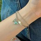 Faux Pearl Butterfly Bracelet Green Butterfly - Silver - One Size