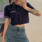 Short-sleeve Contrast Trim Polo Collar Cropped Top