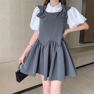 Puff-sleeve Plain Blouse / Sleeveless Bow-accent Dress