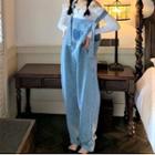Long-sleeve Off-shoulder T-shirt / Denim Jumper Pants