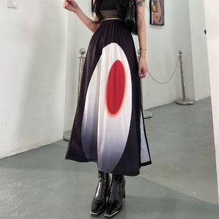 High Waist Printed Slit-side Midi A-line Skirt