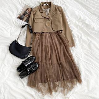 Long-sleeve Plain Cropped Blazer / Mesh Panel Spaghetti-strap Dress