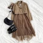 Long-sleeve Plain Cropped Blazer / Mesh Panel Spaghetti-strap Dress