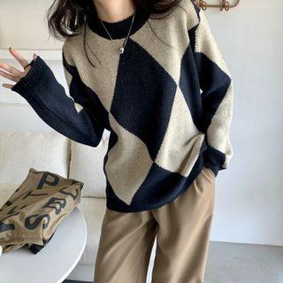 Round Neck Argyle Sweater Navy Blue & Oatmeal - One Size