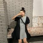 Lettering Color Panel Puff-sleeve Mini A-line Dress