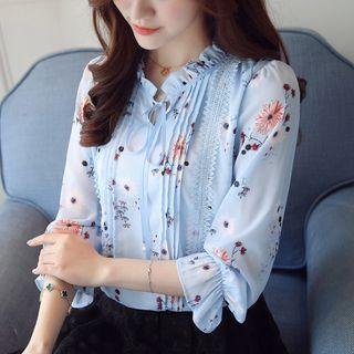3/4-sleeve Floral Print Tie-neck Blouse