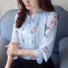 3/4-sleeve Floral Print Tie-neck Blouse