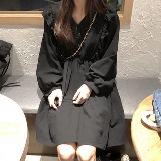 V-neck Lantern-sleeve A-line Dress Black - One Size