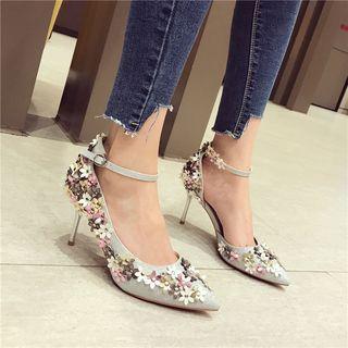 High-heel Applique Ankle-strap Pumps