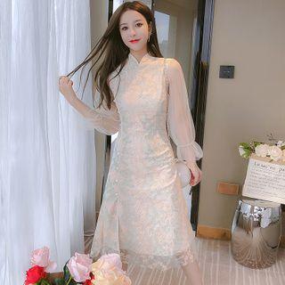 Long-sleeve Embroidered Mesh Panel Qipao Dress