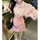 Long-sleeve Striped Shirt / Plaid Mini Skirt