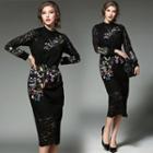 Flower Embroidered Lace Trim Long Sleeve Dress