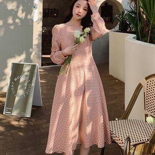 Square-neck Puff-sleeve Gingham Midi A-line Dress