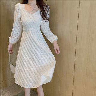 Long-sleeve Faux Pearl Lace Midi A-line Dress