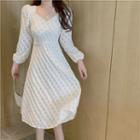 Long-sleeve Faux Pearl Lace Midi A-line Dress