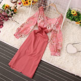 Long-sleeve Floral Panel Sheath Dress