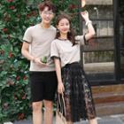 Couple Matching Contrast Trim Short-sleeve T-shirt / Set: T-shirt Dress + Midi Skirt