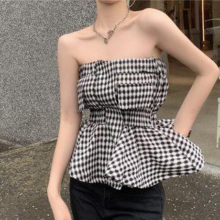 Strapless Ruffle Hem Plaid Top Black & White - One Size