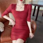 Elbow-sleeve Mesh Mini Sheath Dress