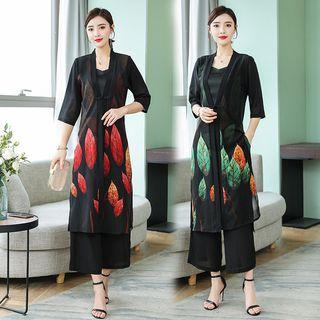 Set: Leaf Print Long Jacket + Camisole Top + Wide-leg Pants