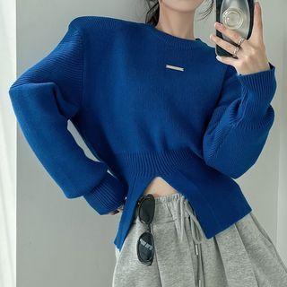 Round-neck Plain Slit Long-sleeve Sweater