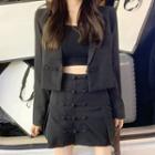 Long-sleeve Plain Blazer / High-waist Plain Mini Skirt