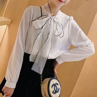 Tie-neck Chiffon Blouse / Mini Pleated Skirt