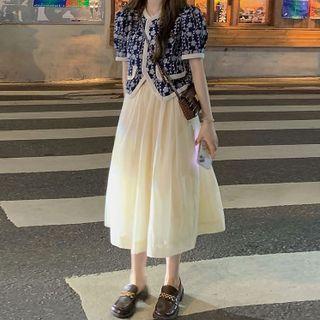 Set: Short-sleeve Patterned Top + Midi A-line Skirt