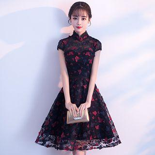Butterfly Embroidered Short-sleeve A-line Cocktail Dress