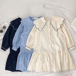 Ruffled-trim Single-breasted Long-sleeve Dress