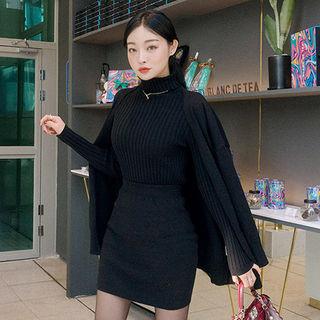 Set: V-neck Cardigan + Turtleneck Knit Top + Mini Skirt