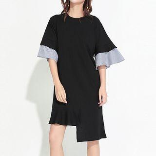 Pinstriped Panel Elbow Sleeve Dress