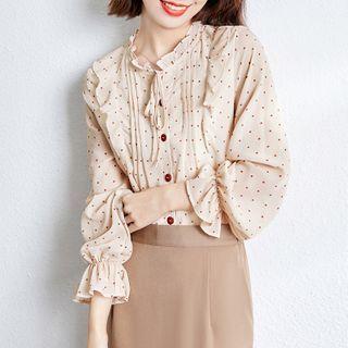 Long-sleeve Dotted Ruffle Blouse