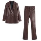 Faux Leather Single-breasted Blazer / Boot-cut Pants