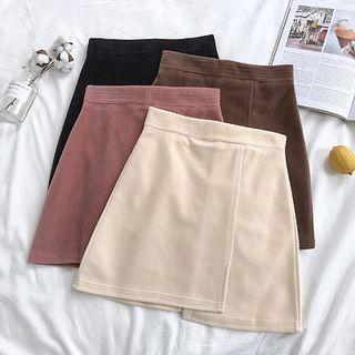 Plain Asymmetric High-waist Velvet Skirt