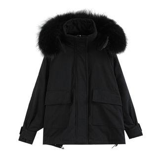 Furry Trim Fleece-lined Hooded Zip Jacket