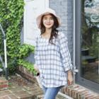 Square-neck Tie-sleeve Check Top