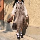 Lantern-sleeve Blouse / Bow Tie / Plaid Midi Jumper Dress / Set