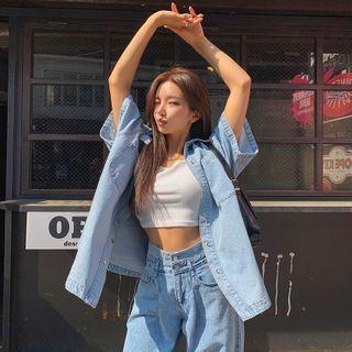 Short-sleeve Oversized Denim Shirt Jacket Light Blue - One Size